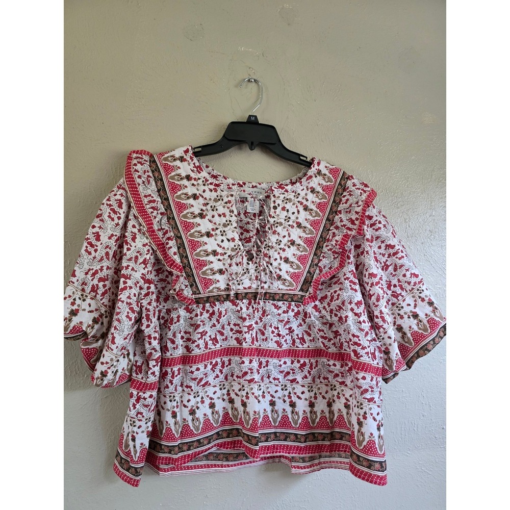 Calypso Red Paisley Floral Cotton‎ Quilted Ruffle Blouse XL Spring oversize boho